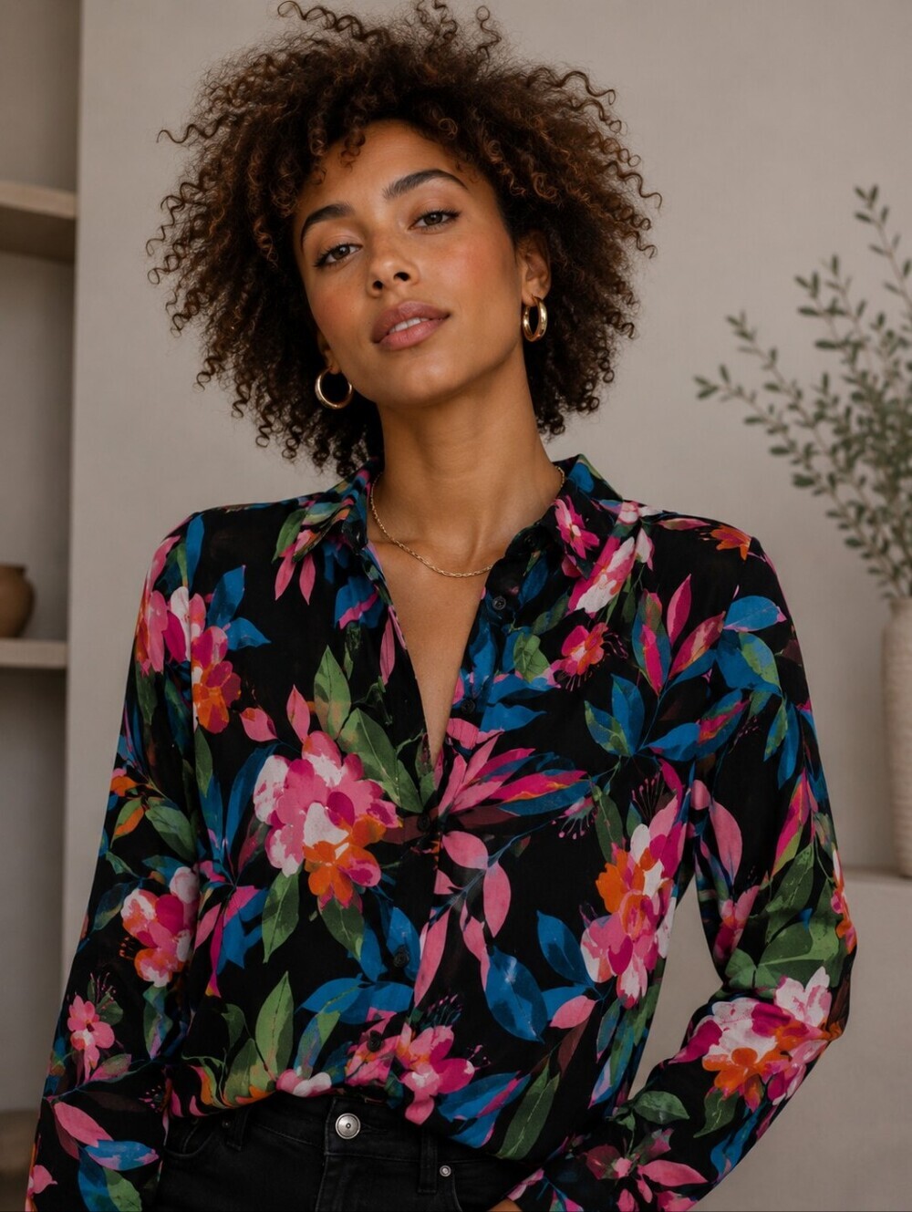 Grace & Mila Paris Floral Button Front Blouse | Black Multicolor Botanical Top S